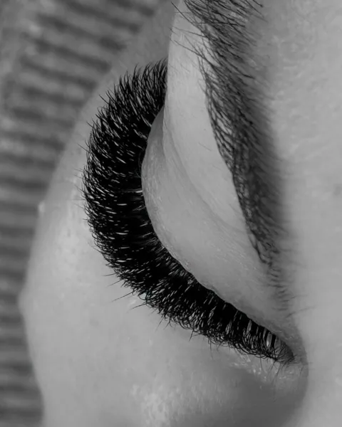 Ligne d’extensions de cils sur un œil fermé, photographie en noir et blanc